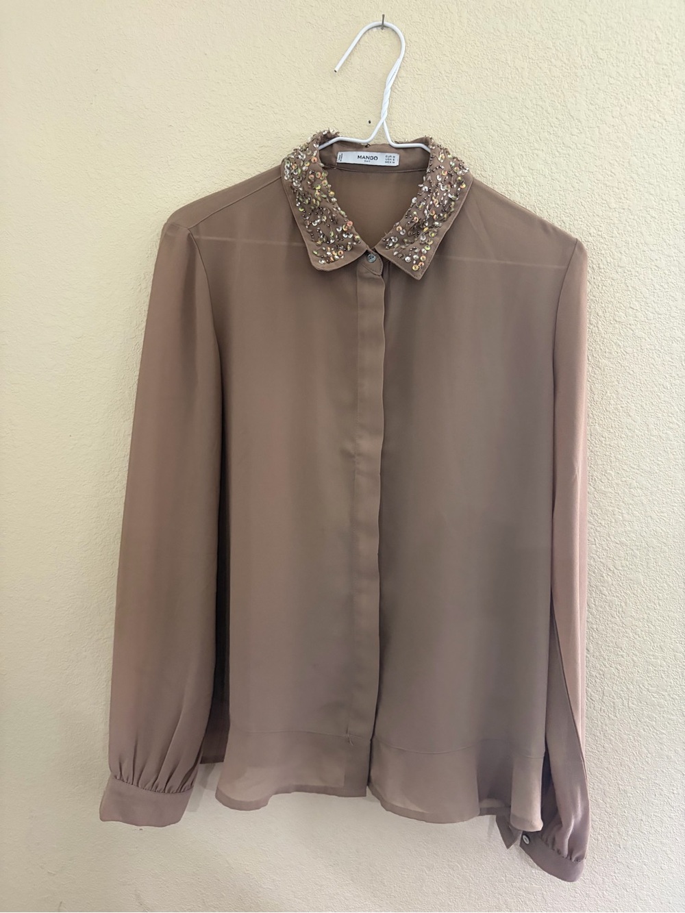 Mango Beaded Collar Blouse - Taupe